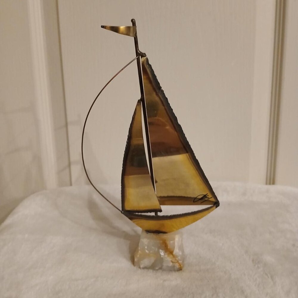 Vintage MCM Nautical Brass Sailboat Sculpture Stone Base Art 10” Signed